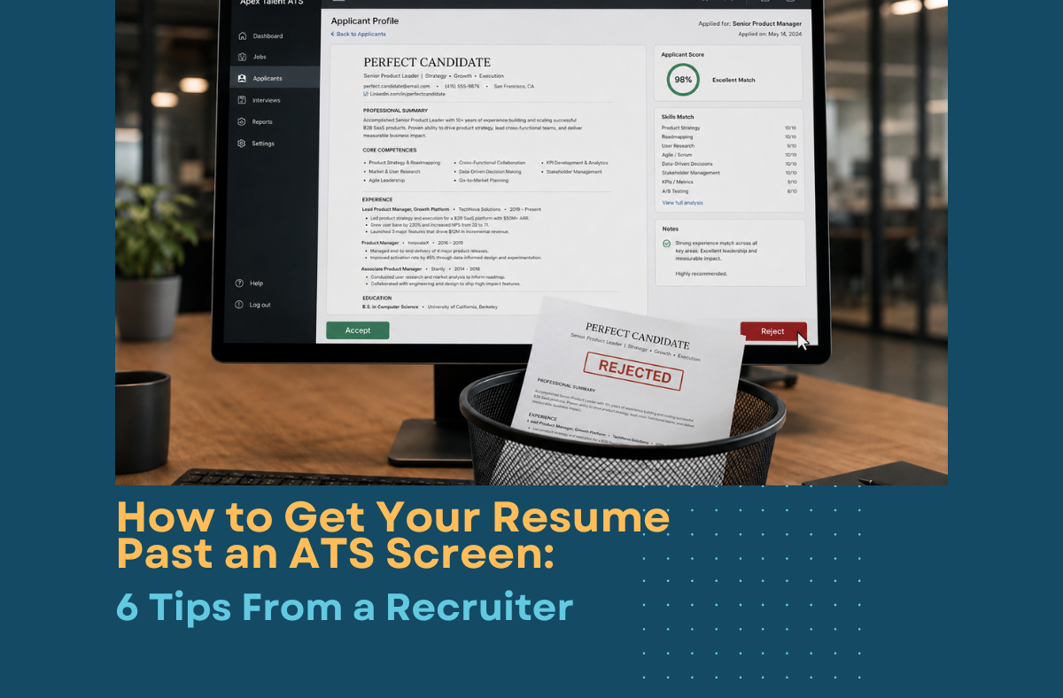 A computer screen displays an applicant tracking system reviewing a resume for “Perfect Candidate,” who has a 98% applicant score and strong qualifications. At the bottom of the screen, the cursor hovers over the red “Reject” button instead of the green “Accept” button, while a printed resume sits in a trash bin.When the “perfect candidate” gets rejected before a human ever sees the resume.